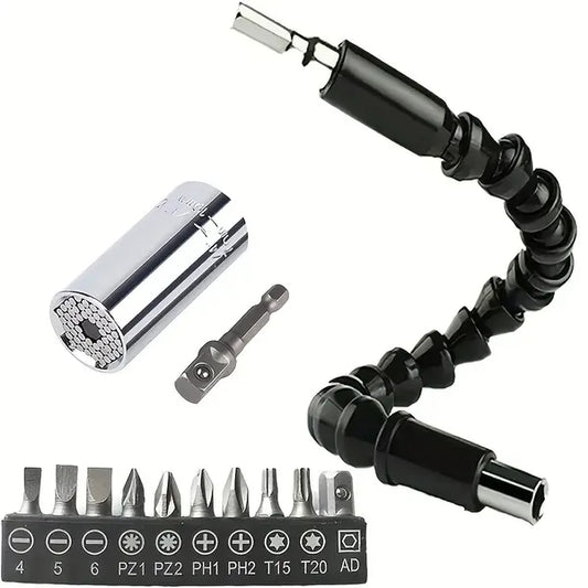Universal Socket Wrench Self-adjusting Socket Suitable For Standard Ratchet Wrench Electric Drill Adapter 1pc 11.6-inch Flexible Drill Bit Extension Shaft With Drill Bit Set, Complete Set Of Screw Hea