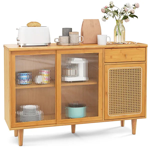 Natural Bamboo Sideboard Cabinet With Rattan Door, Sliding Door & Pull-Out Drawer, 5-Leg Rubber Wood Base