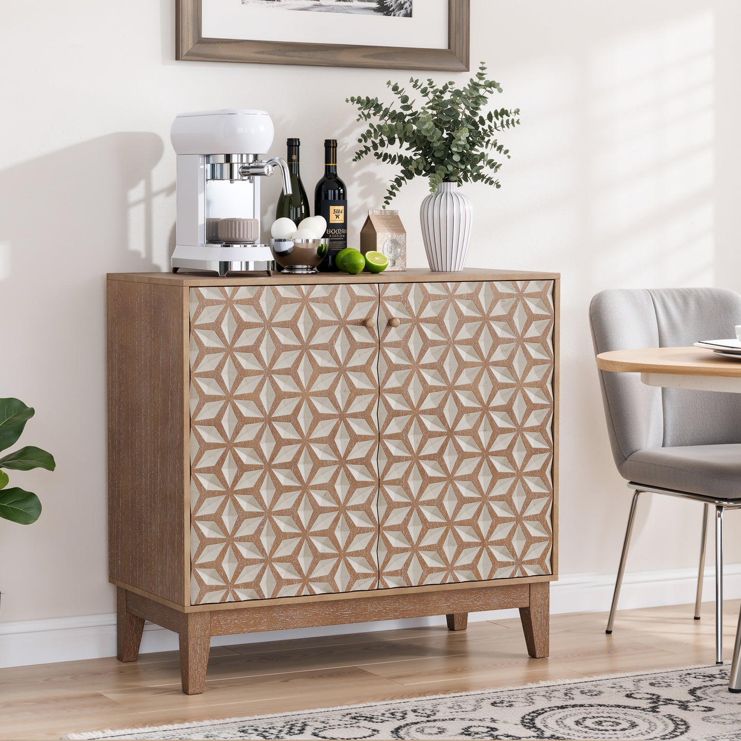 31.5-inch Geometric Design Sideboard, A Decorative Cabinet With 2 Doors And Adjustable Shelves, A Wooden Decorative Cabinet With Storage Space, Suitable For Living Room, Kitchen, And Dining Room.
