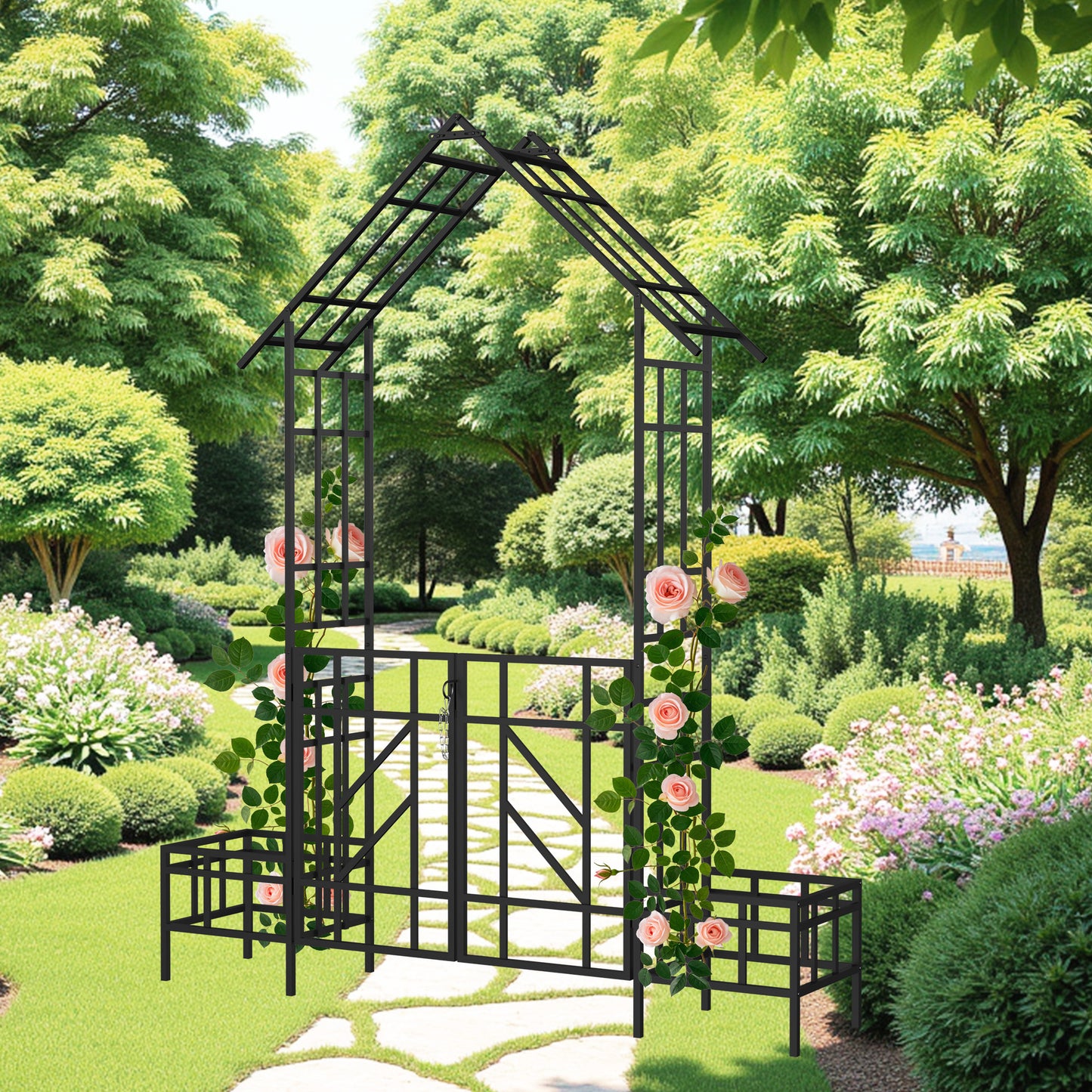 Metal Garden Arch With Gate With Planter W80.71xH97.24 Climbing Plants Support Rose Arch Outdoor Black