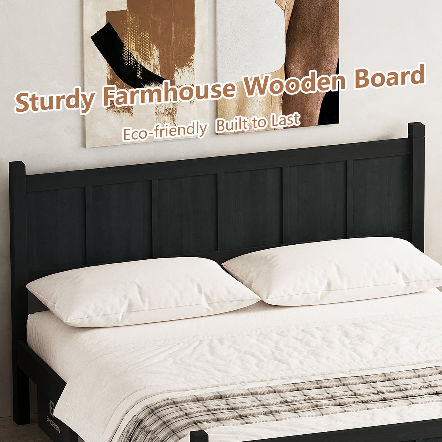 Queen Size Flat Panel Bed With Headboard & Footboard, Minimalist Modern Platform Bed With Wood Grain Finish, Shaker And Farmhouse Style Design, Sleek And Functional Bedroom Furniture,Black