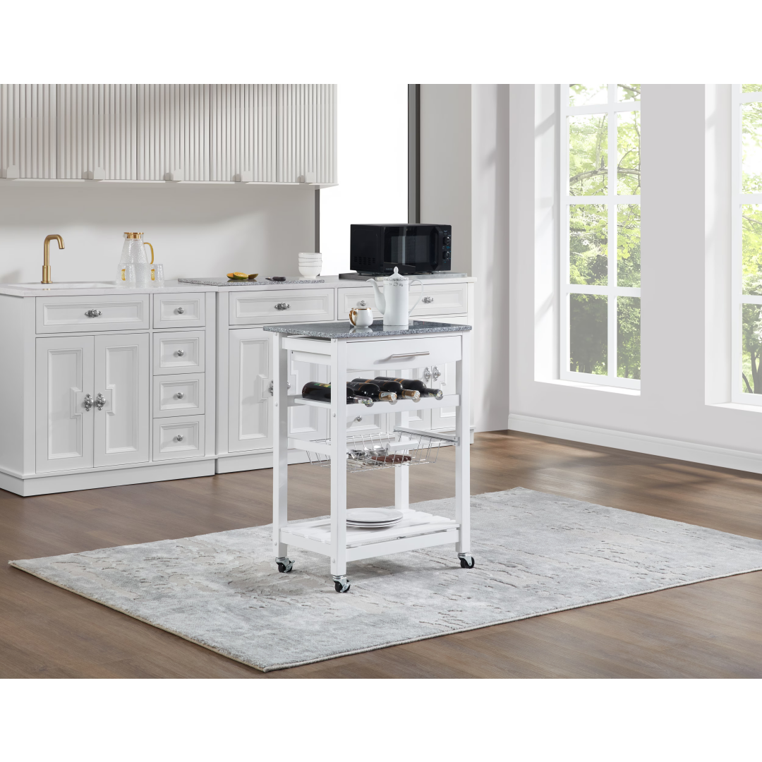 Mobile Rolling Kitchen Island Trolley Serving Cart With Underneath Drawer & Slide-Out Wire Storage Basket