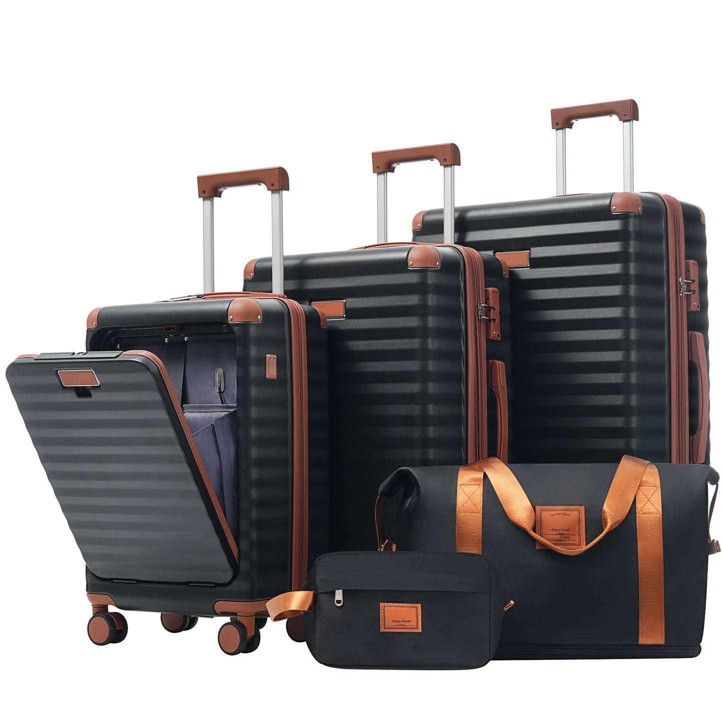 Luggage Sets 5 Piece With Front Opening , Hardside Expandable Carry On Suitcase With Spinner Wheels TSA Lock USB Port  Cup Holder Duffel Bag And Toiletry Bag