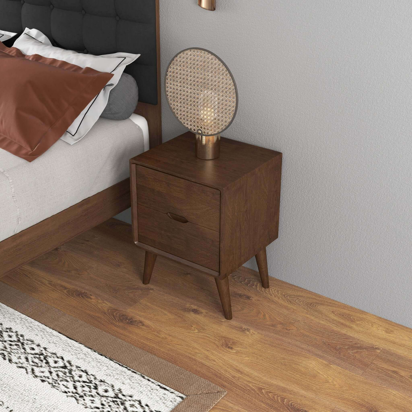 Alexandra Mid-Century Modern Night Stand With 2 Drawers In Walnut Brown Solid Wood 24.8  H X 17.7  W X 15.7  D