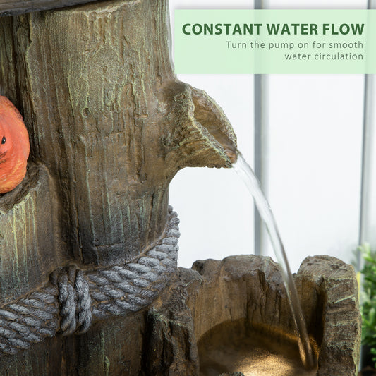 Outdoor Fountain With Birdhouse, Cascading Garden Waterfall Bird Bath With 3-Tier Rustic Tree Trunk / Log Design, LED Lights For Porch, Deck, Yard Decor, Brown