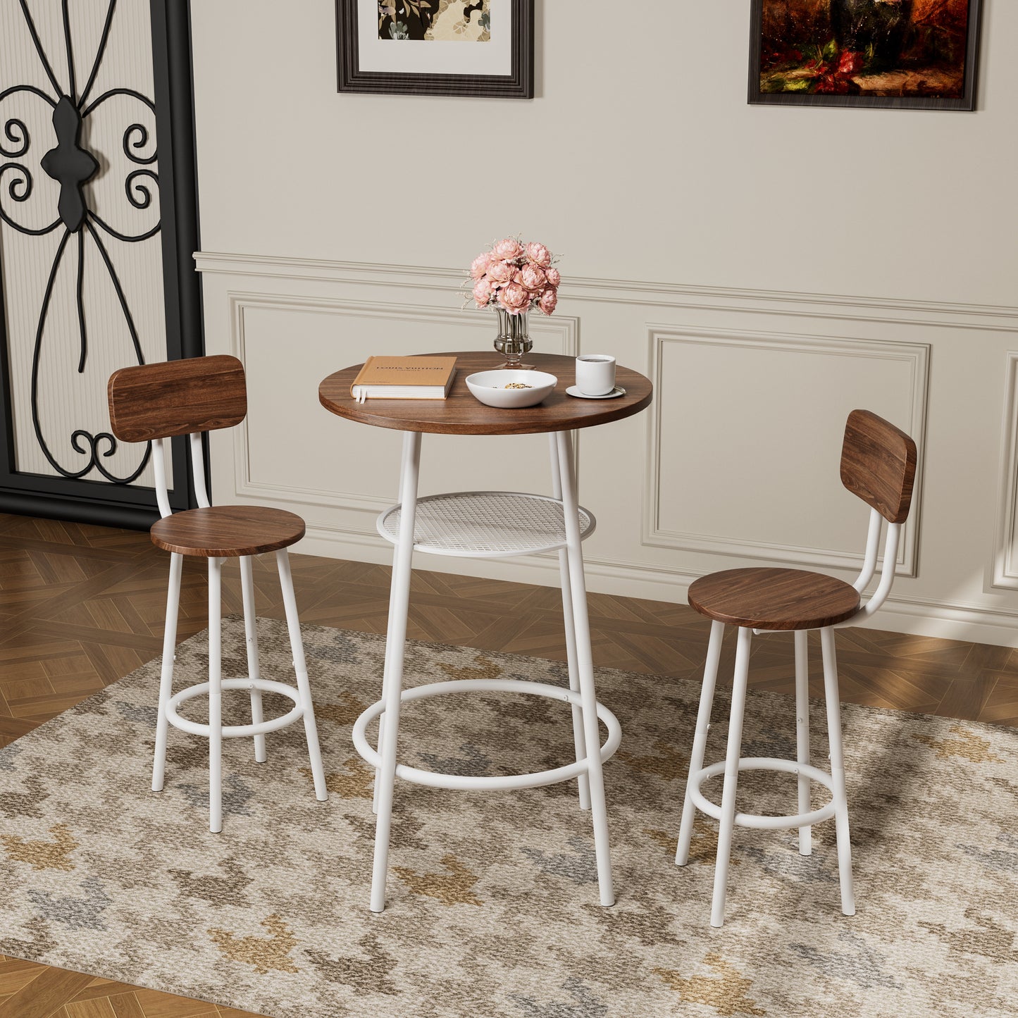 3-Piece Bar Table Set With 2 Bar Stools  Modern Pub Table With Backrests & Storage Shelf