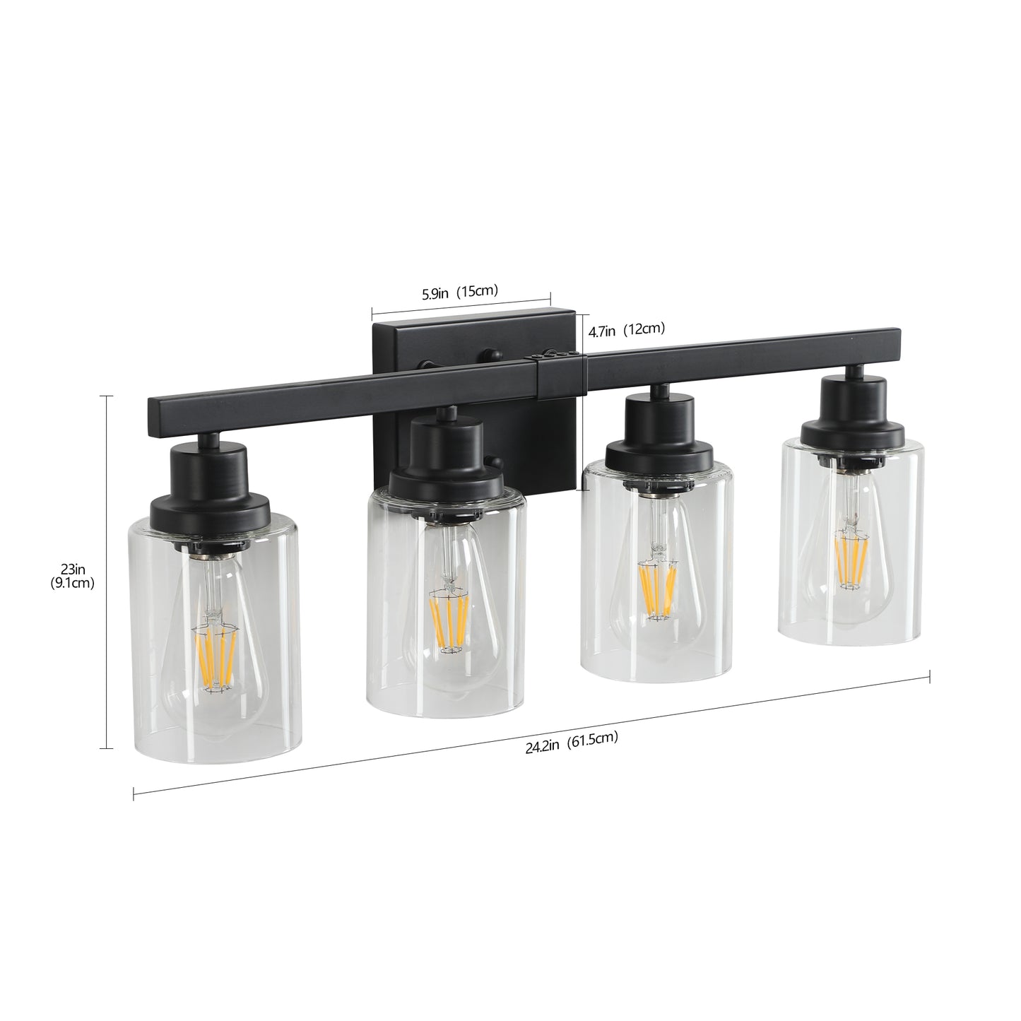 24 Modern Black 4-Light Bathroom Vanity Light Fixture, Industrial Wall Sconce With Clear Glass Shades For Mirror, Bathroom, Bedroom, And Hallway No Bulbs