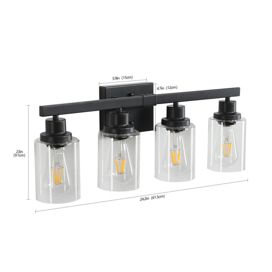 24 Modern Black 4-Light Bathroom Vanity Light Fixture, Industrial Wall Sconce With Clear Glass Shades For Mirror, Bathroom, Bedroom, And Hallway No Bulbs