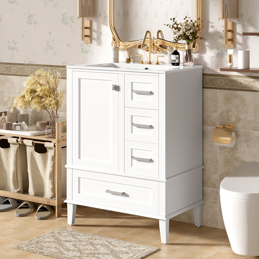 24.8  Bathroom Vanity With Ceramic Sink, Modern Freestanding Cabinet Featuring Soft-Close Door, Deep Drawer, Shallow Drawer & Wide Drawer For Space-Saving Storage