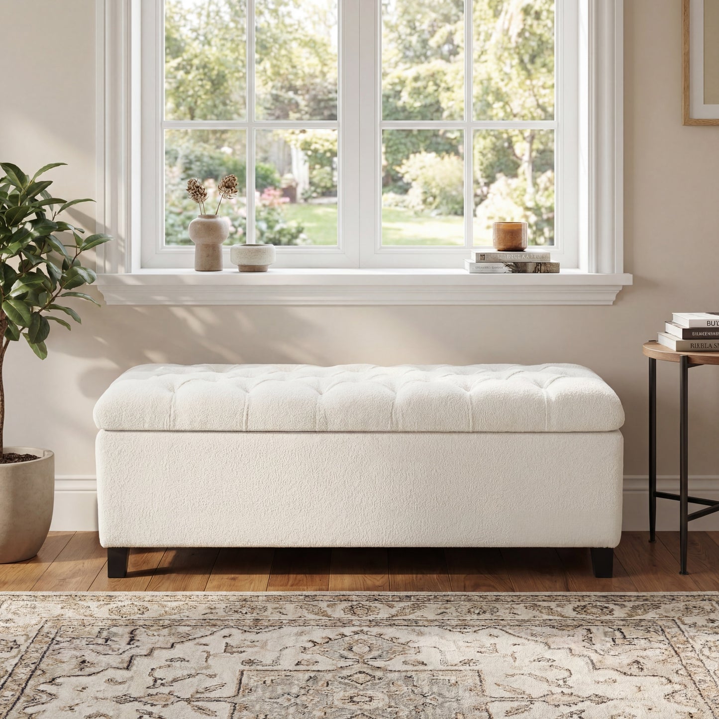 Ottoman Bench With Storage, White Boucle Surface, Rubber Wood Legs, 300 Lbs Capacity