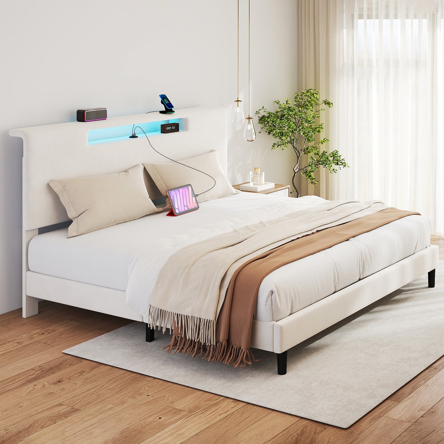 King Size Bed Frame Upholstered High Headboard Mattress Foundation Frame With Adjustable LED Light Charging Function Wood Slat Noiseless No Box Spring Needed Easy Assembly