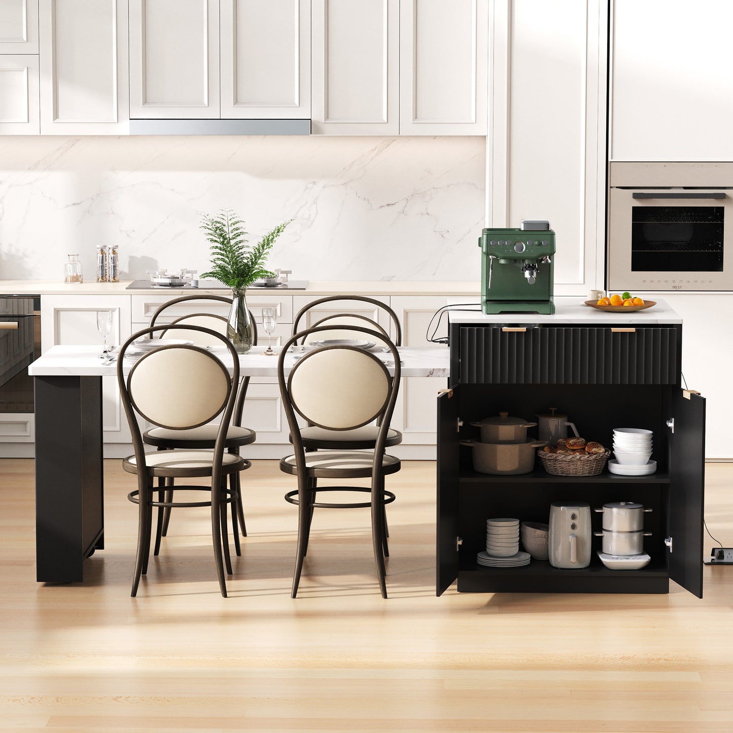 K&K 82.6   Fluted Kitchen Island With Extendable Dining Table For 4-6, Island Table For Kitchen With Power Outlet, Kitchen Table With Double-Side Storage, 2 Drawers 2 Side Open Shelves, Black