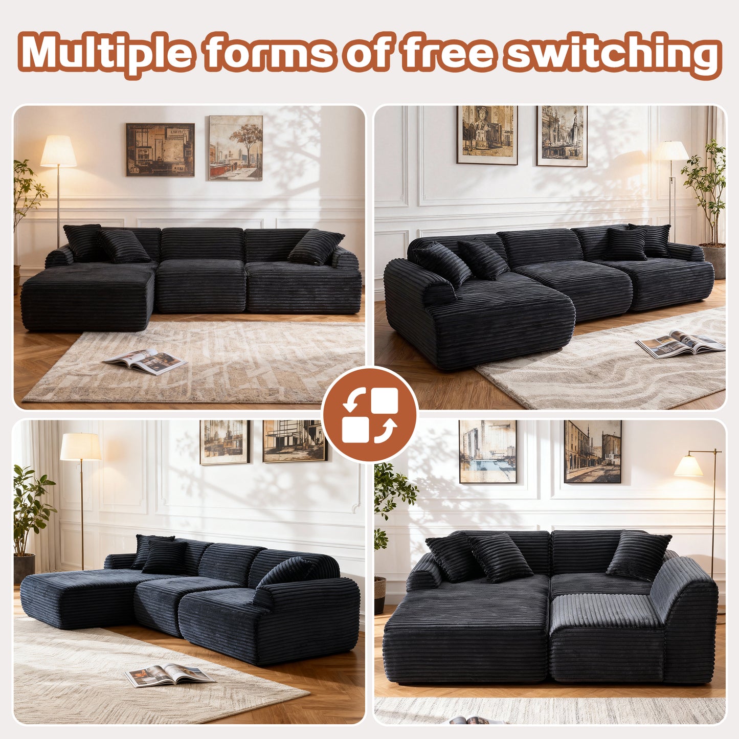 105'' Modular Sectional Sofa Couch ,Boneless Couch, Compressed Couch, Detachable And Washable, Replaceable Sofa Cover, Modern Woven-Textured Upholstery, Convertible L-Shaped Design For Living Room