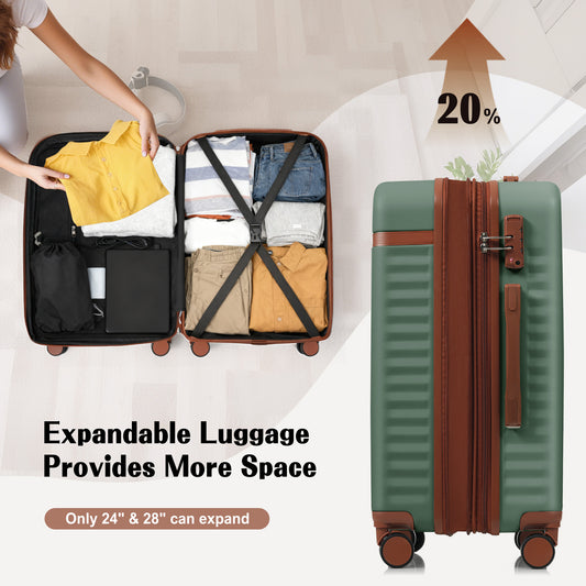 Luggage Set Of 3, 20inch With USB Port, Front Opening Design Airline Certified Carry On Luggage, ABS Hard Shell Luggage With Spinner Wheels,Green