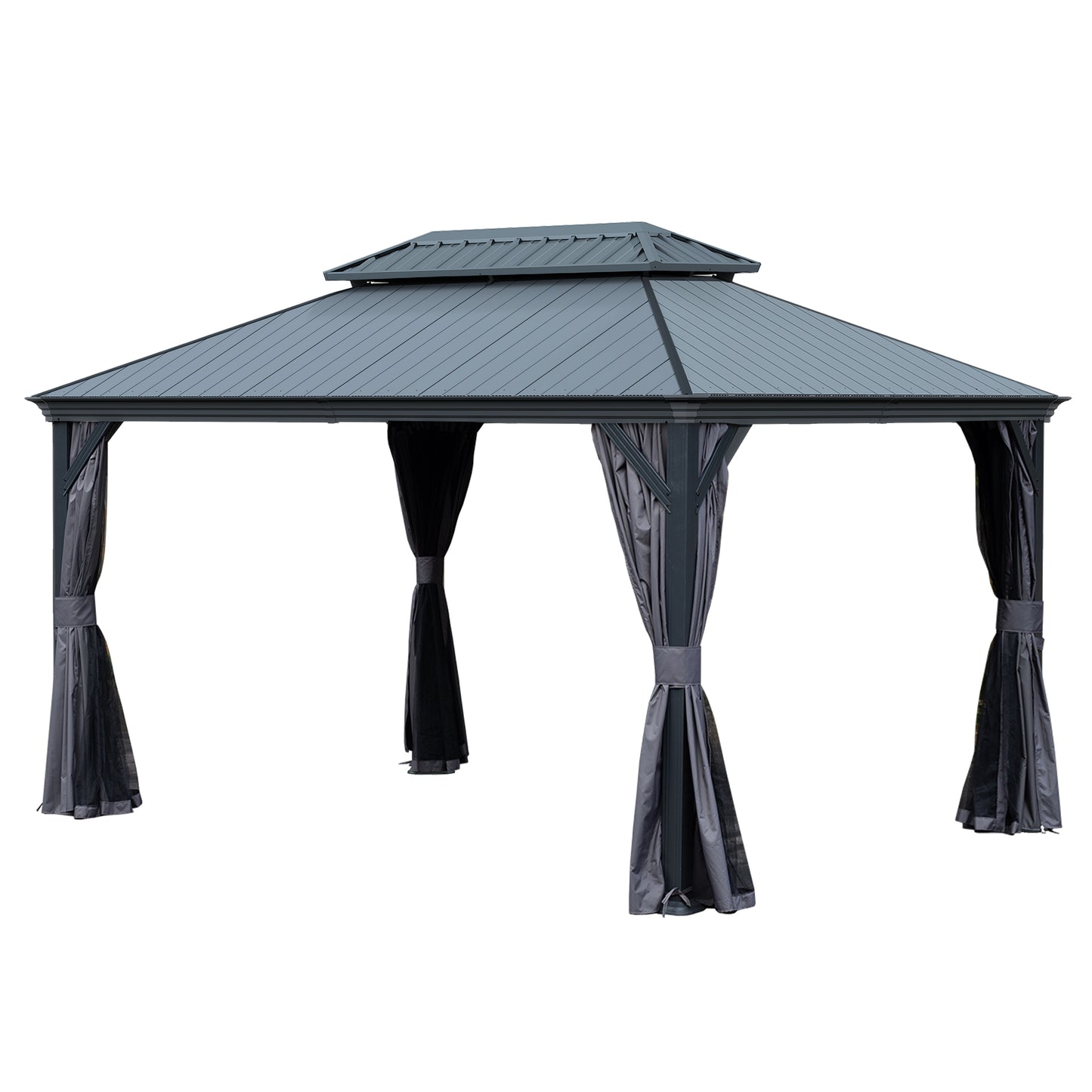 10 X14  Hardtop Gazebo With Resin Roof, Outdoor Metal Gazebo With Drainage Gutters, Permanent Heavy Duty Pavilion For Patio, Backyard And Deck, Curtains And Mosquito Netting Included