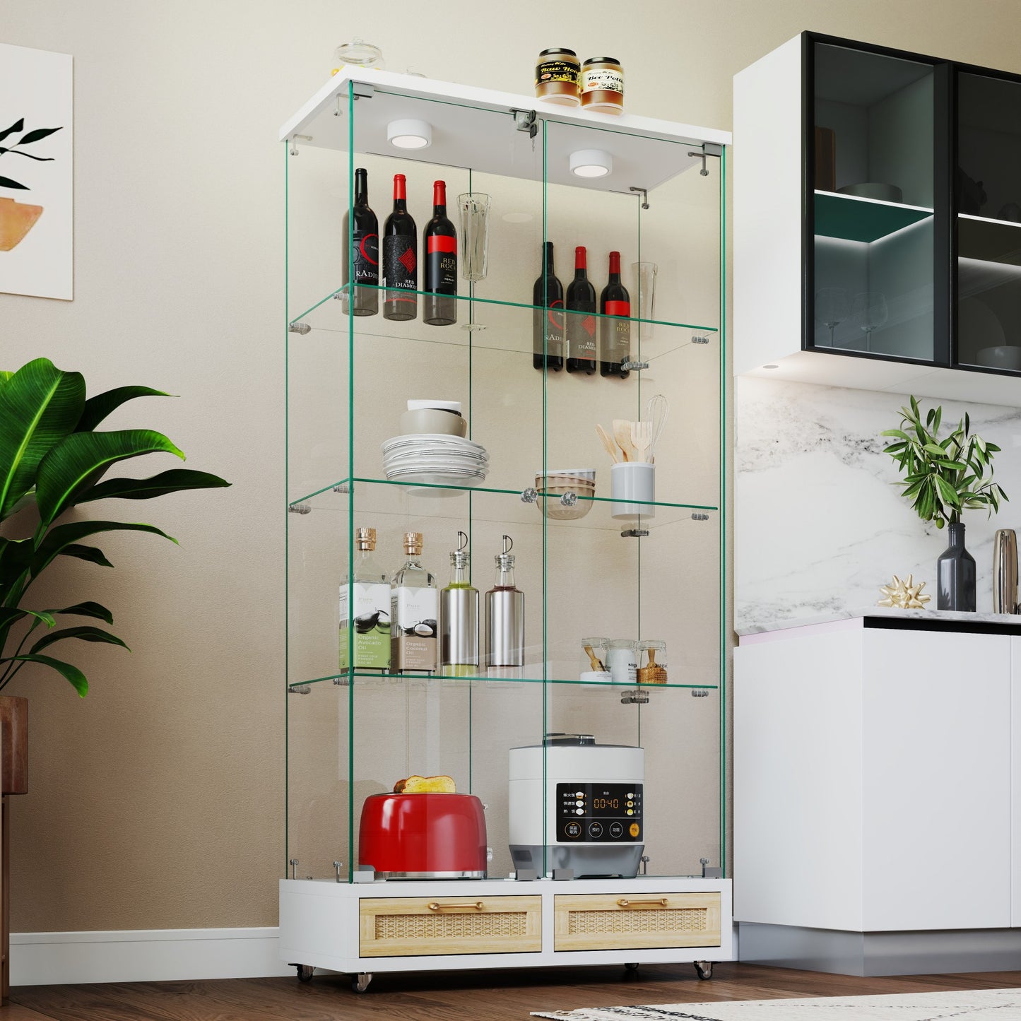 Modern Glass Display Cabinet With Large Drawers,Quick-assembly Antique Cabinet With LED Lights,empered Glass Bookshelf,2-Door Storage Case With 4 Shelves For Living Room And Bedroom,white And Natural