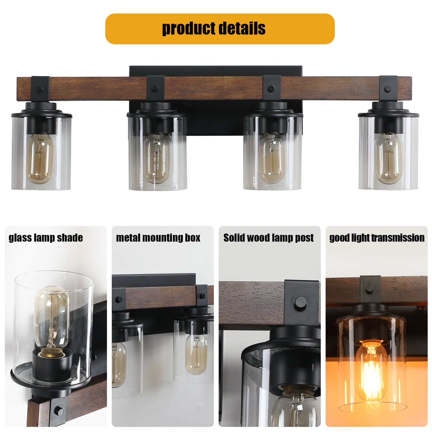27in  Rustic 4-Light Vanity Light, Industrial Bathroom Wall Sconce With Glass Shades And Wood Accent, Modern Farmhouse Lighting Fixture  No Bulbs