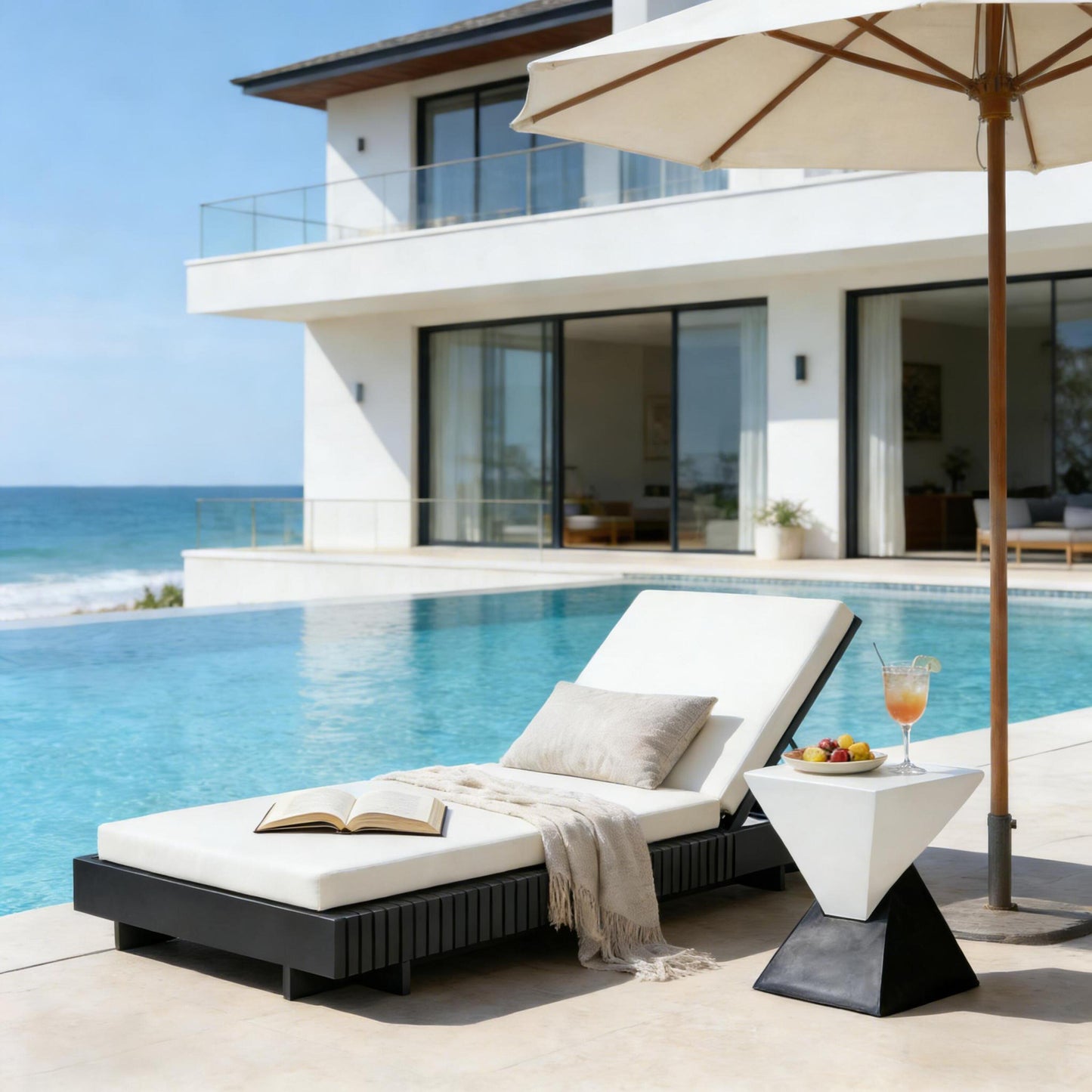 Dark Gray Acacia Solid Wood Outdoor Chaise Lounge With Cream Water-Repellent Cushion, 400lbs Capacity, Modern Patio Sun Lounger For Garden, Poolside