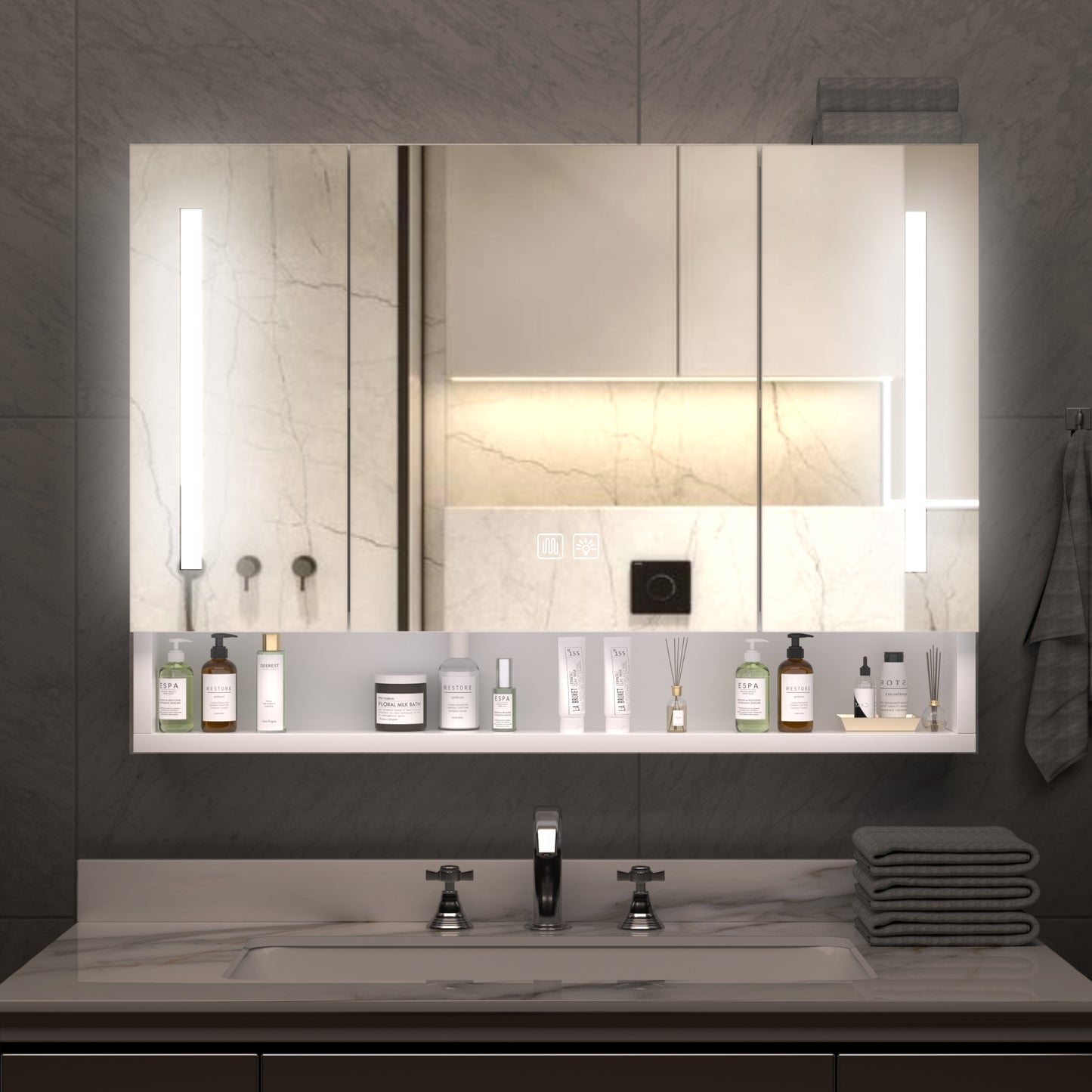 Modern 39x28 Inches Aluminium Bathroom Cabinets  Medicine Cabinets With Mirrors And LED Lights  Bathroom Storage Cabinet With Multilevel Storage Compartments