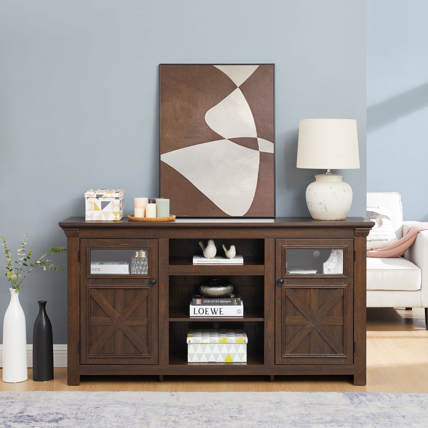 2 Doors Cabinet Farmhouse  Cabinet, Farmhouse TV Stand Barn Design,Modern Farmhouse TV Media Stand, Large Barn Inspired Home Entertainment Console,Espresso, 60.23 Wx15.35 Dx31.7 H
