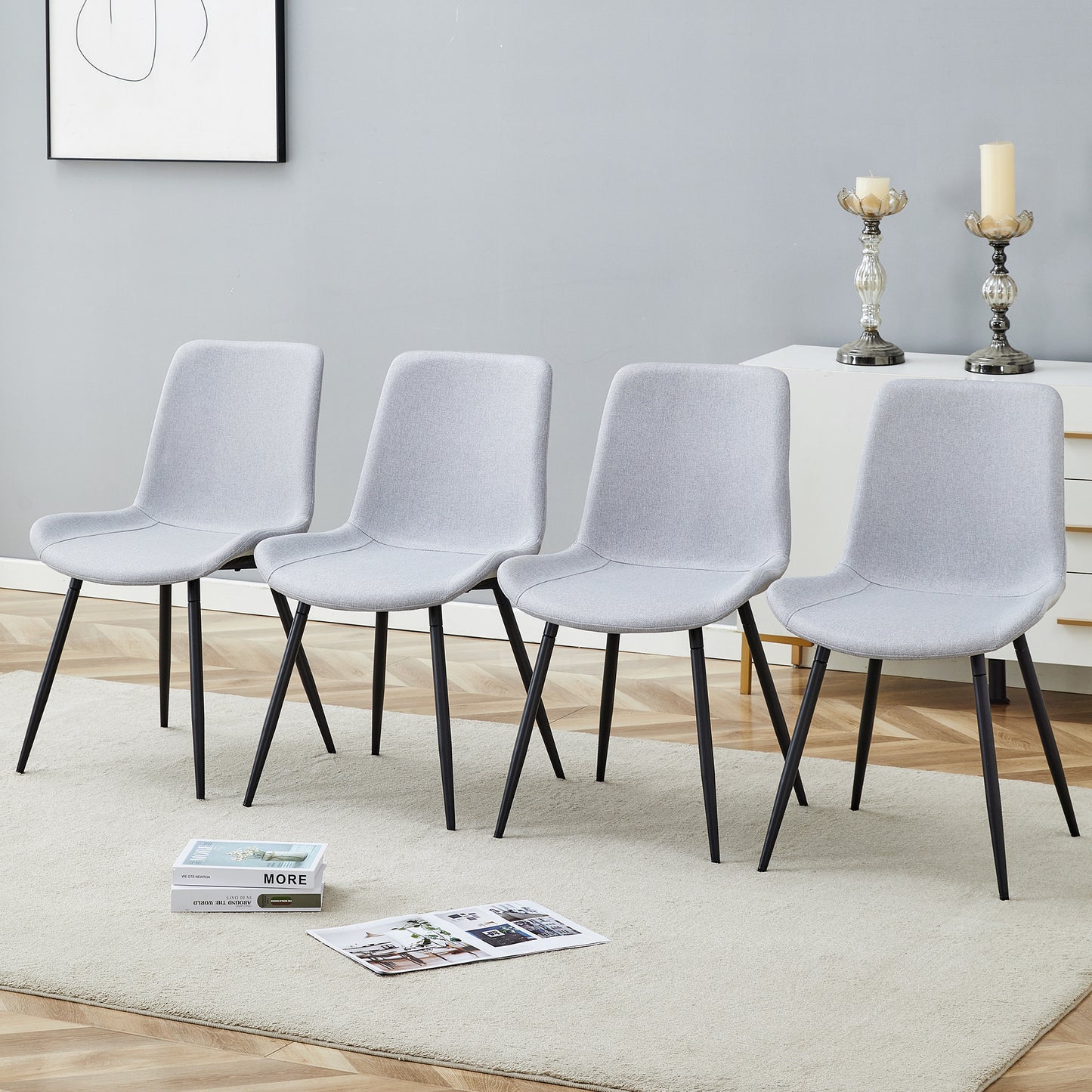 Comfortable Linen-Cotton Dining Chair Set - Four Pieces In Light Gray.Integrated Seat And Backrest,Linen-Cotton Material,Curved Widened Cushion Design For More Comfort.