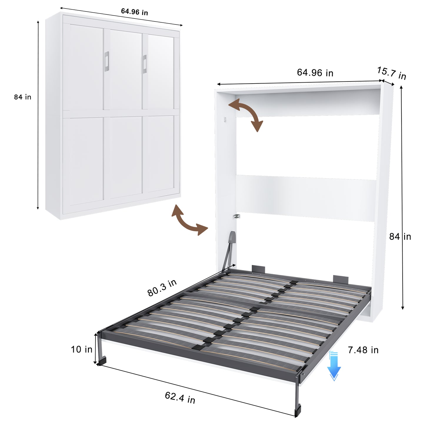Queen Murphy Bed  65-inch Foldable Wall Bed  With Metal Bed Frame  Solid Wood Support Slats  Concealed Bed Frame  Suitable For Bedrooms And Guest Rooms  White  Old