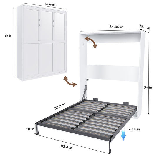 Queen Murphy Bed  65-inch Foldable Wall Bed  With Metal Bed Frame  Solid Wood Support Slats  Concealed Bed Frame  Suitable For Bedrooms And Guest Rooms  White  Old
