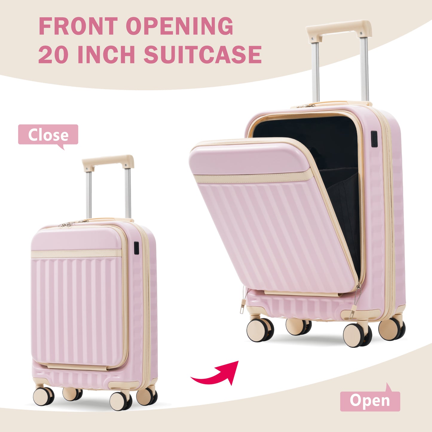 Front Opening Luggage Set 3 Piece, Hardside Carry On Suitcase With USB Port, Expandable Luggage With Handle Bag Spinner Wheels TSA Lock