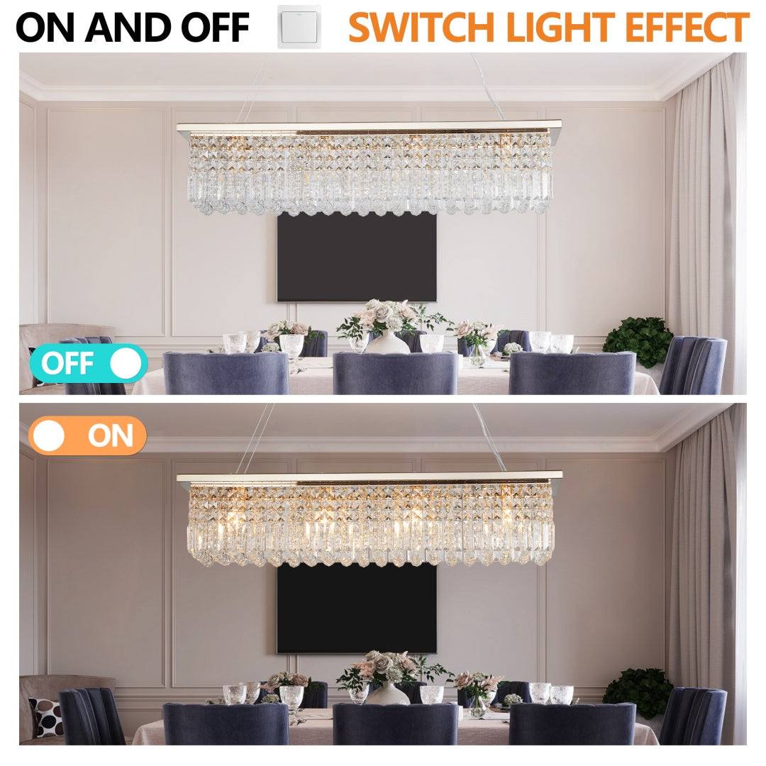 Modern Crystal Chandelier For Dining Room 8-Light Gold Rectangle Raindrop Chandelier Contemporary Rectangular Pendant Light Fixture For Kitchen Island Bar L39.4  X W9.8   X H8.7  Bulb Not Included