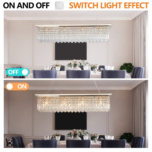 Modern Crystal Chandelier For Dining Room 8-Light Gold Rectangle Raindrop Chandelier Contemporary Rectangular Pendant Light Fixture For Kitchen Island Bar L39.4  X W9.8   X H8.7  Bulb Not Included