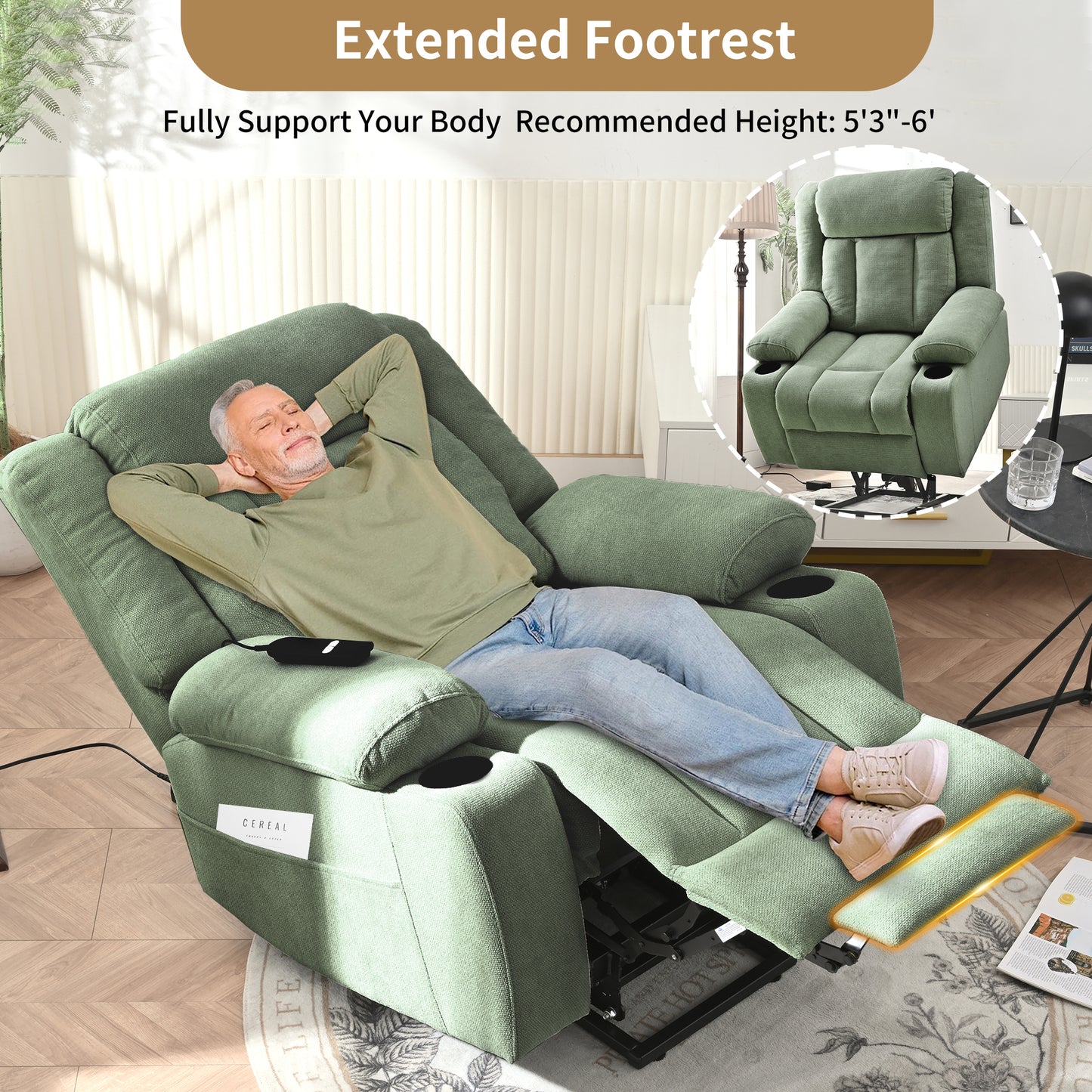 Power Lift Recliner Chair For Elderly,Fabric Lift Chairs For Living Room W Extended Footrest,Classic Single Sofa,Home Theater Seating With 2 Cup Holders,Side Pockets,Remote Control Dark Green