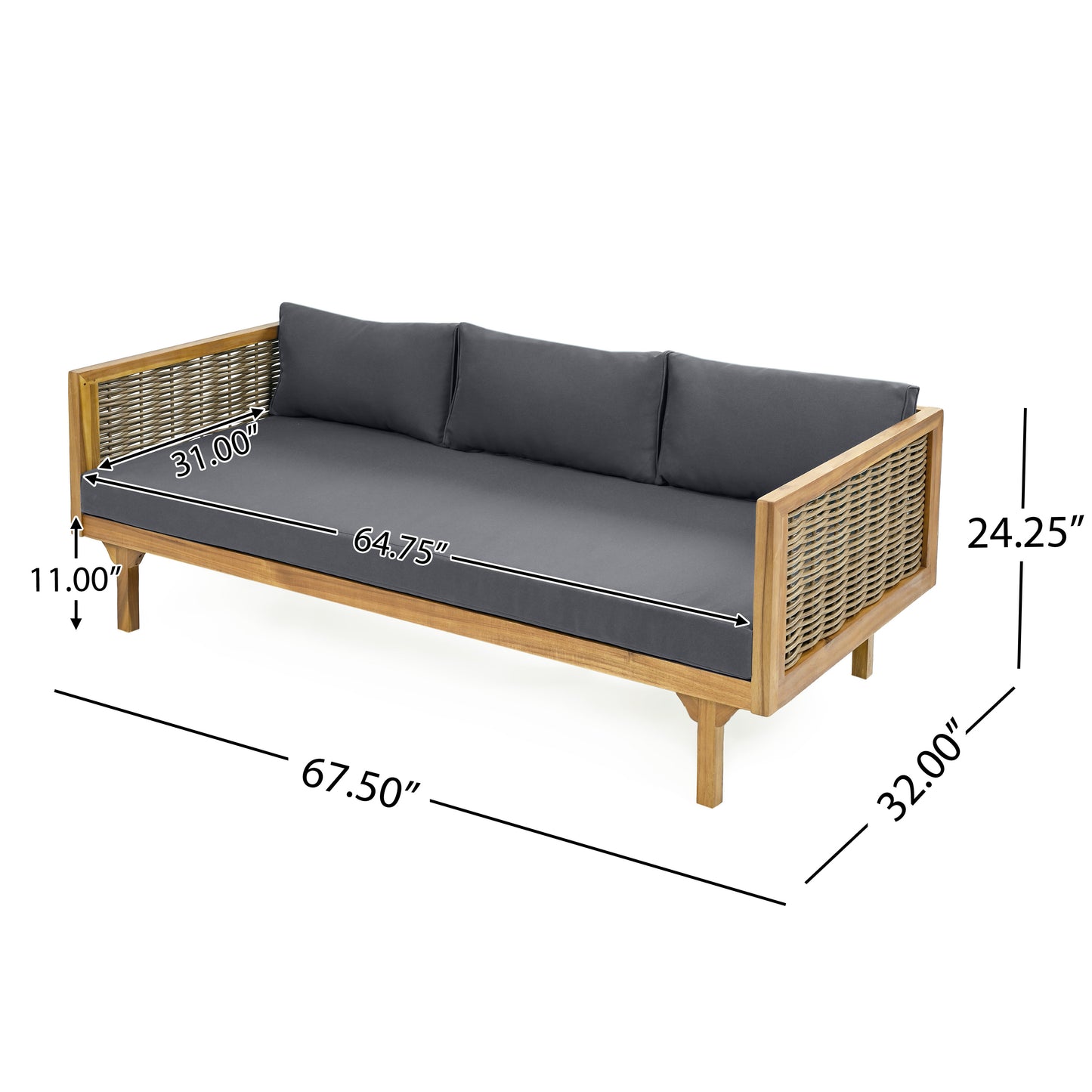 CLAREMONT 3 SEATER DAYBED WITH RATTAN ARMS  DARK GREY CUSHION