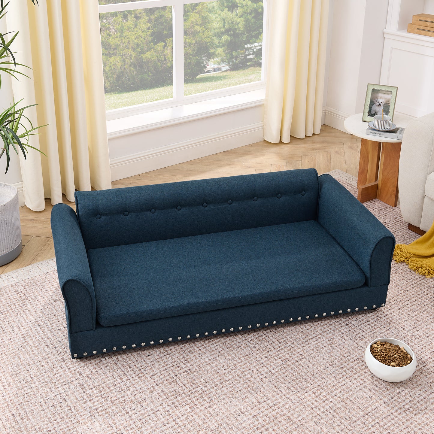 Oversized Pet Sofa ,Elegant Modern Linen Fabric Elevated Dog Sofa Bed, Comfortable Oversized Rectangular Pet Bed With Backrest & Armrest For Large & Oversized Dogs-Dark Blue
