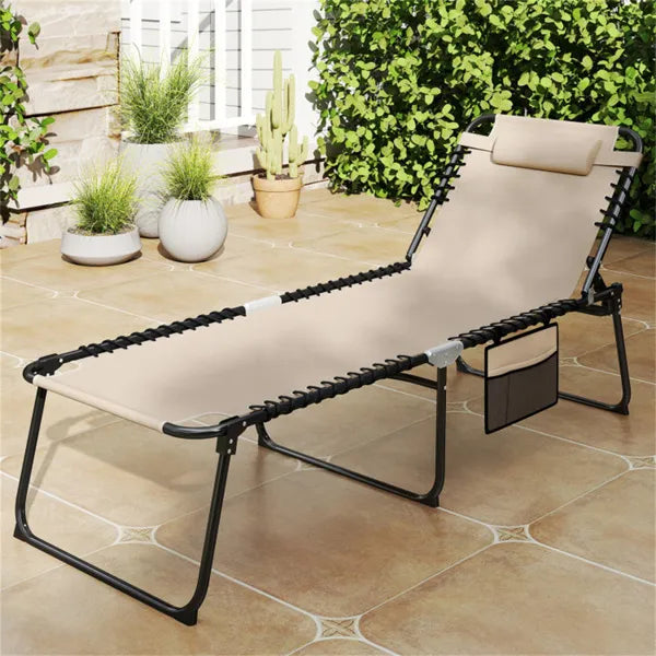 Oversized Patio Chaise Lounge, 27 Wide 4-Position Adjustable Backrest Folding Tanning Chair-Beige