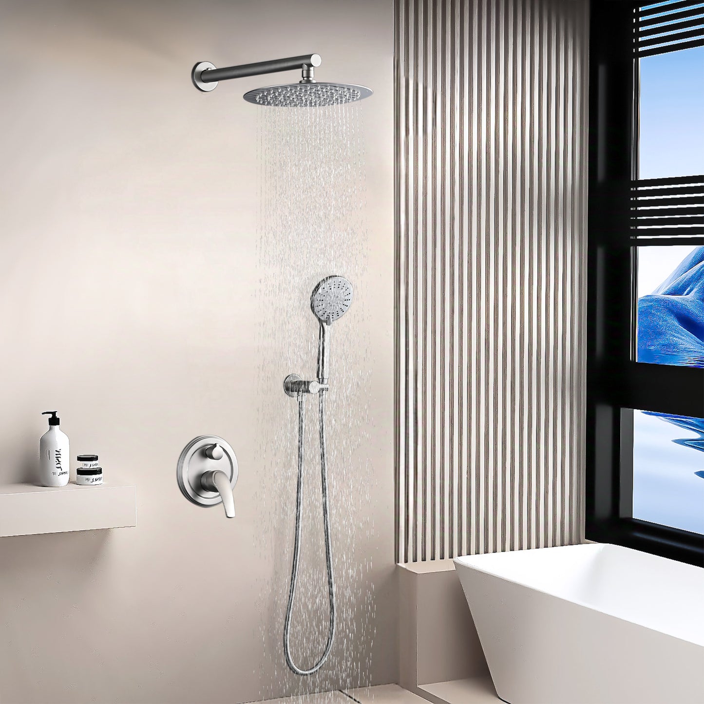 10 Inches Wall Mounted Shower With High Pressure Rain Shower Head And 5-Function Handheld Shower Head