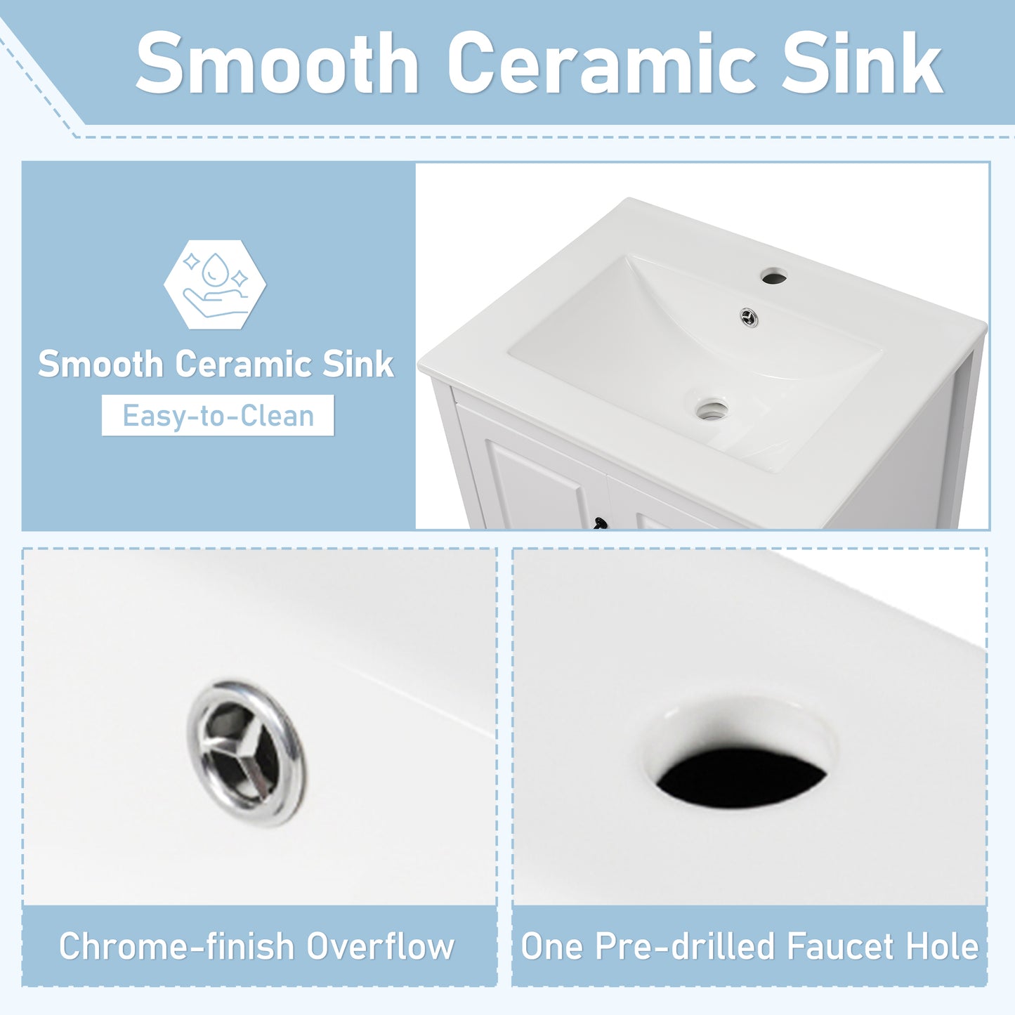 24 Inch Bathroom Vanity With Sink, One Cabinet With Soft-closing Door, 3 Soft-closing Drawers, Retro Metal Handles, White
