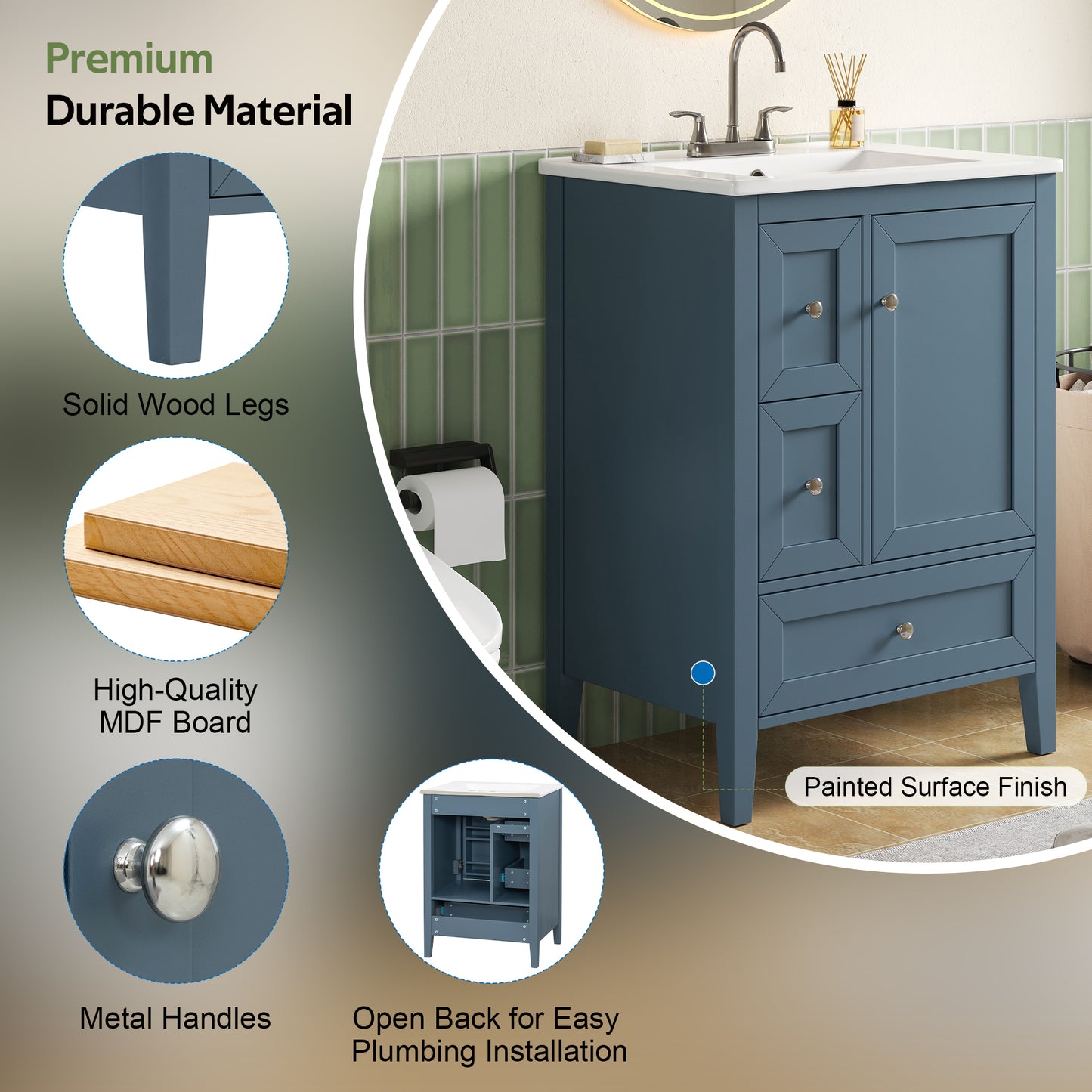 24  Modern Blue Gray Bathroom Vanity With Ceramic Sink, Solid Wood Legs, Soft-Close Drawers & Door, Storage Rack, Painted Surface Finish