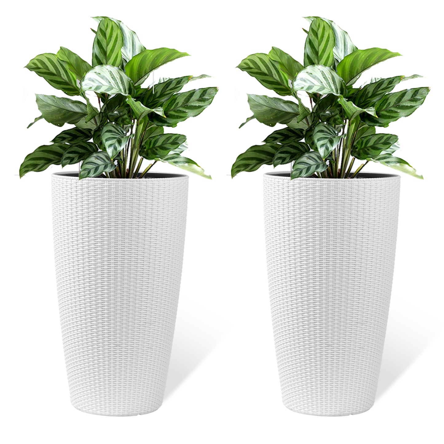 Set Of 2 Faux Rattan Tall Planters Outdoor Indoor Large Planters With Water Level Monitor Inner Bucket, Automatic Watering, Flower Plant Pots For Garden, Patio, Porch,  White, 22 Inch