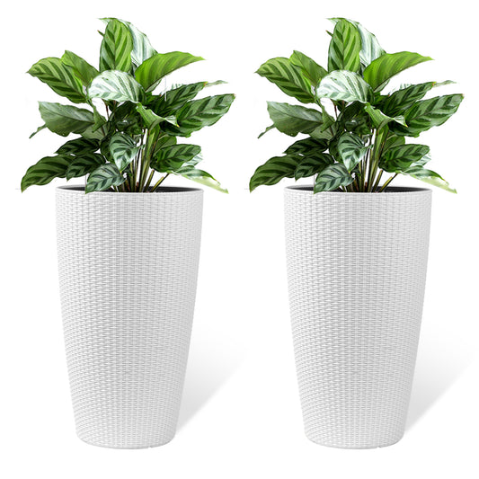Set Of 2 Faux Rattan Tall Planters Outdoor Indoor Large Planters With Water Level Monitor Inner Bucket, Automatic Watering, Flower Plant Pots For Garden, Patio, Porch,  White, 22 Inch