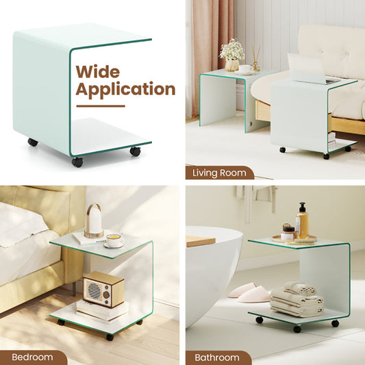 C Shaped End Table Modern Tempered Glass Side Table With Shelf With 4 Swivel Lockable Wheels  Coffee Table, Snack Table, Sofa Table, Laptop Table