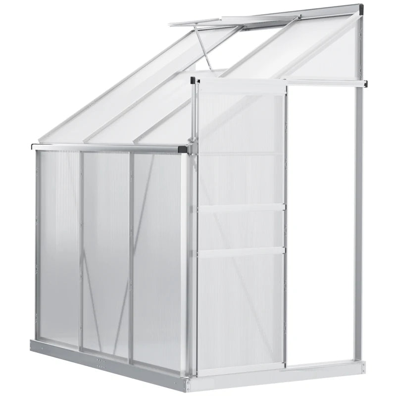 Outsunny 6' X 4' Aluminum Lean-to Greenhouse Polycarbonate Walk-in Garden Greenhouse With Adjustable Roof Vent, Rain Gutter And Sliding Door For Winter, Clear