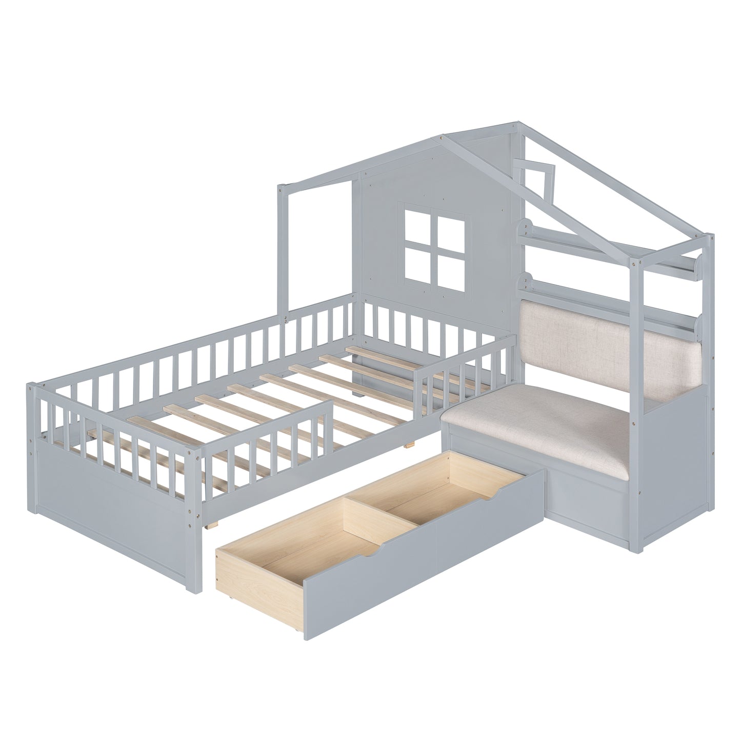 Twin Size House Bed With Sofa, Kids Platform Bed With Two Drawers And Storage Shelf, Gray  Old