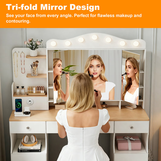 Vanity Desk With Mirror And Lights,Makeup Vanity With  2 USB Power Strip, Vanity Set With Three Drawers And Two Cabinet, 7 Lights With 3 Lights Colors, Foldable Three-sided Mirror White