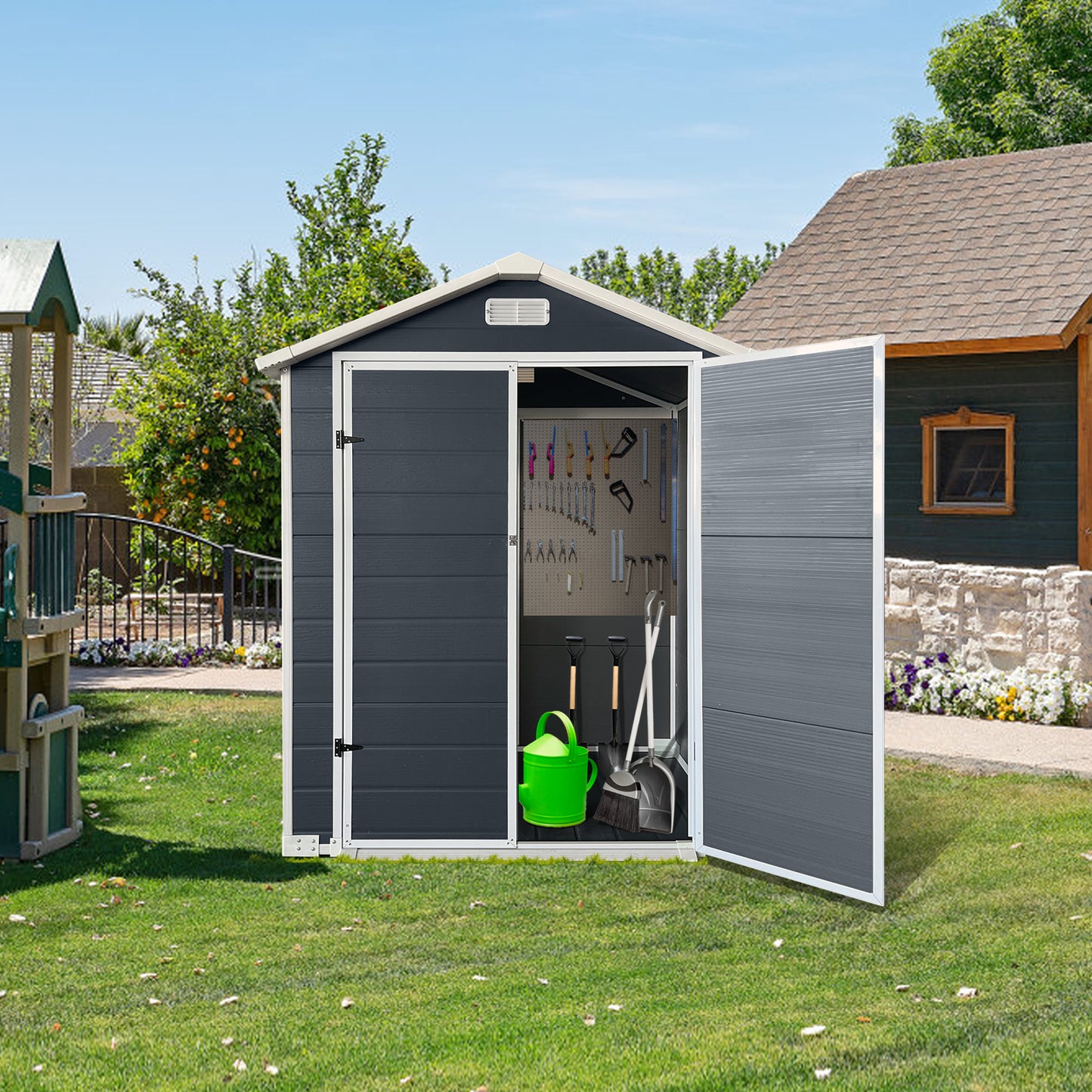 6ft X 4ft Plastic Outdoor Storage With Floor And Lockable Door Plastic Garden Shed For Backyard, Lawn, Cold Grey