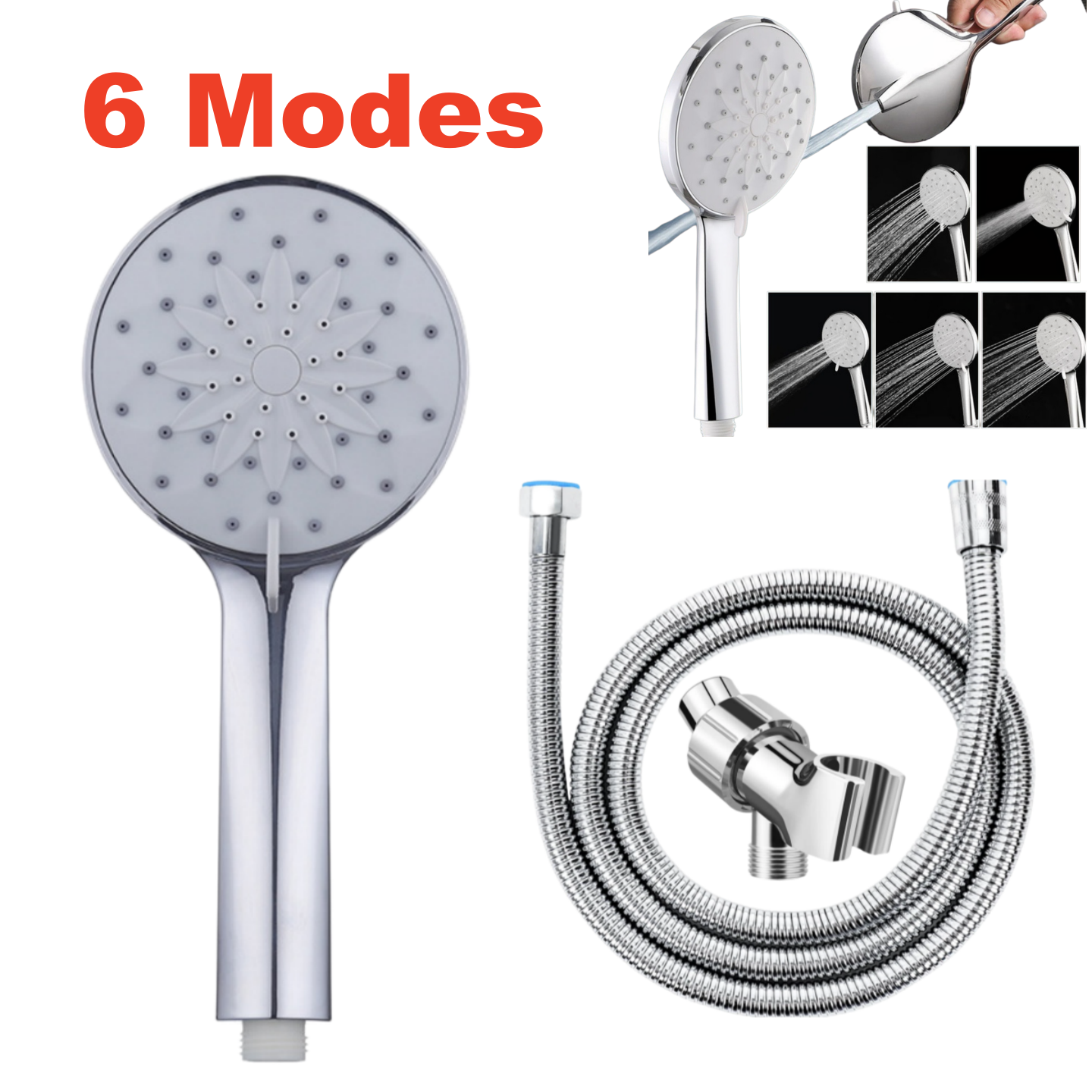 6 Spray Settings High Pressure Shower Head With 1.5MHose Handheld Rainfall Combo With Connector