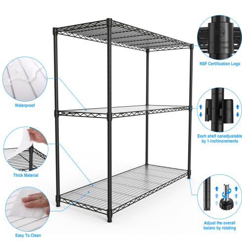3 Tier Wire Shelving Unit, 1050 LBS NSF Height Adjustable Metal Garage Storage Shelves, Heavy Duty Storage Wire Rack Metal Shelves - Black