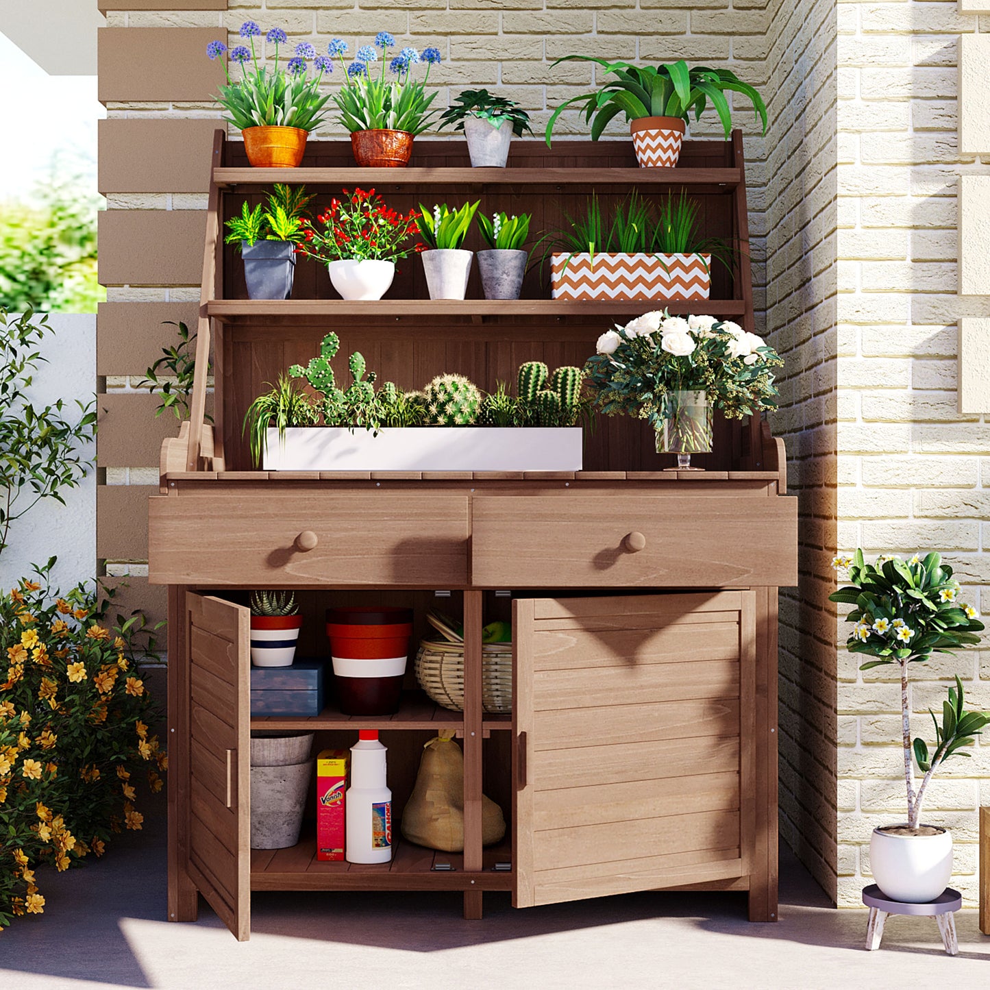 TOPMAx 65inch Garden Potting Bench Table  Fir Wood Workstation With Storage Shelf  Drawer And Cabinet  Brown