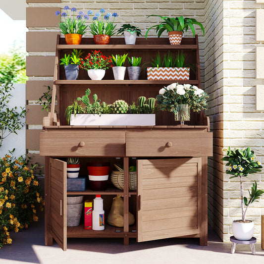 TOPMAx 65inch Garden Potting Bench Table  Fir Wood Workstation With Storage Shelf  Drawer And Cabinet  Brown