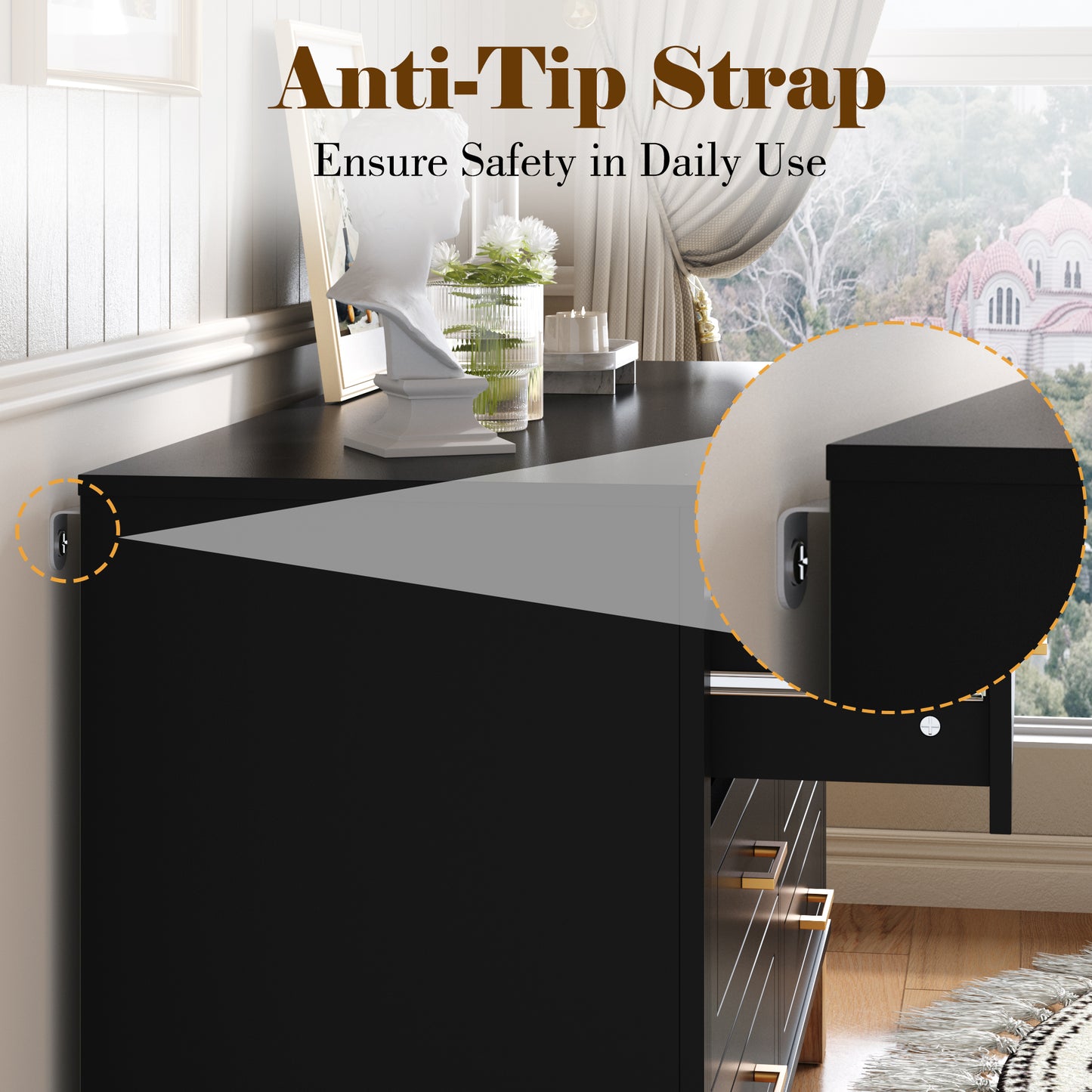 6-Drawer Double Dresser , Modern Storage Cabinet With Metal Handles & Solid Wood Legs, Dresser Drawer Organizer For Kids Bedroom, Heavy-Duty Wooden Dresser With Pre-Installed,Black