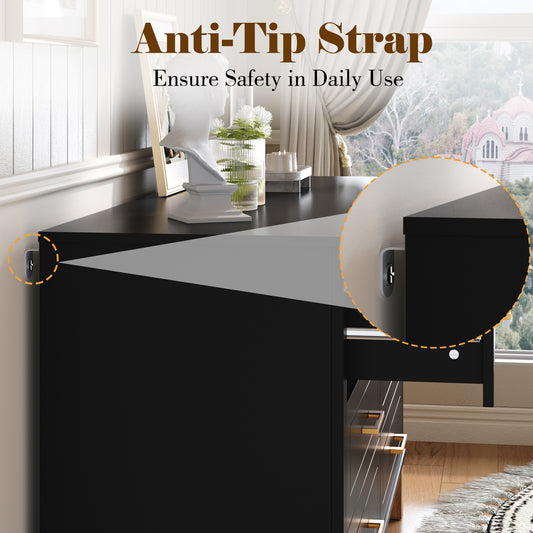 6-Drawer Double Dresser , Modern Storage Cabinet With Metal Handles & Solid Wood Legs, Dresser Drawer Organizer For Kids Bedroom, Heavy-Duty Wooden Dresser With Pre-Installed,Black